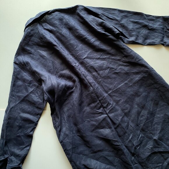 Women’s 100% Linen Navy Blue Long Shirt Dress Sz L Button Front Midi Side Pocket - Picture 10 of 10